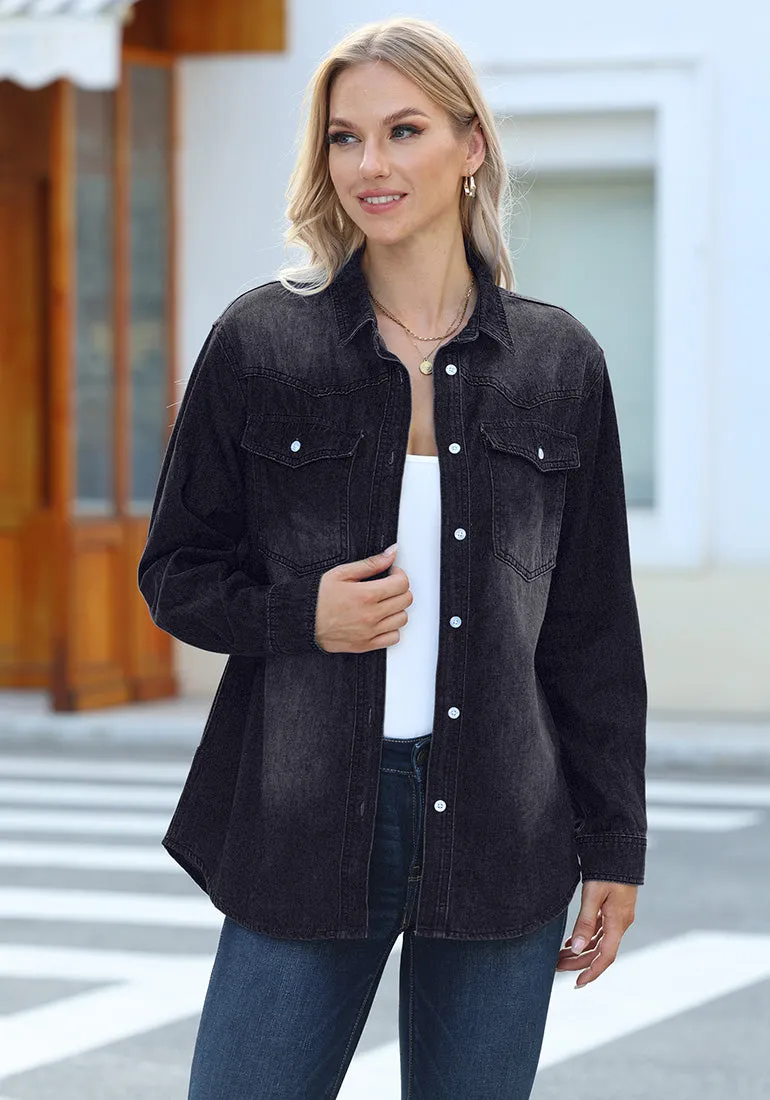 Washed Black Women's Trendy Long Denim Jackets Oversized Shackets with Pockets