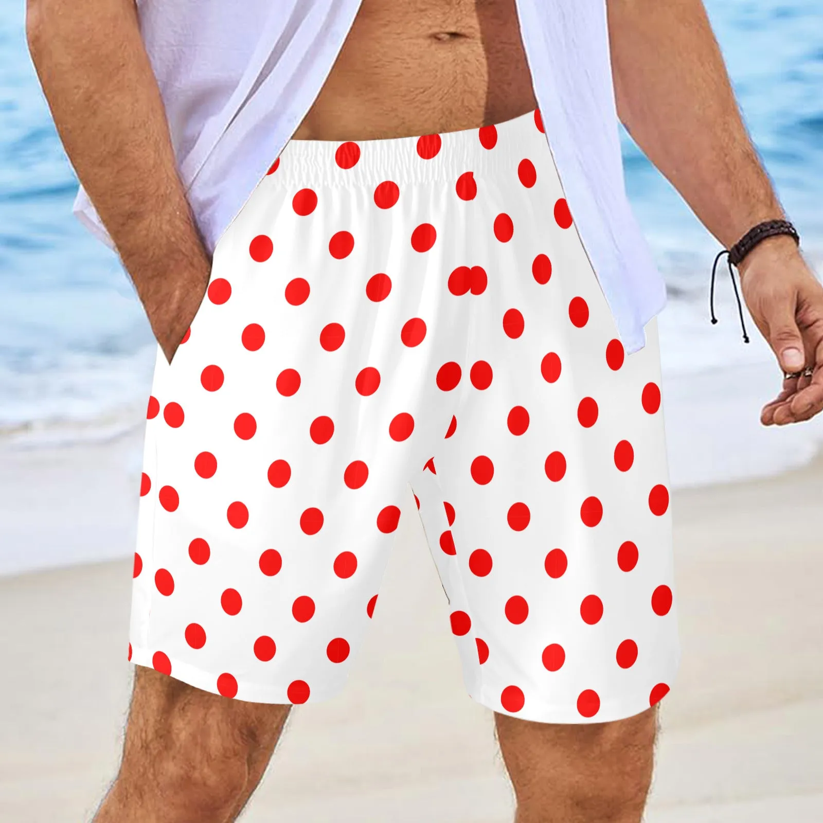 White With Red Polka Dots Men's Swim Trunks Swimsuit