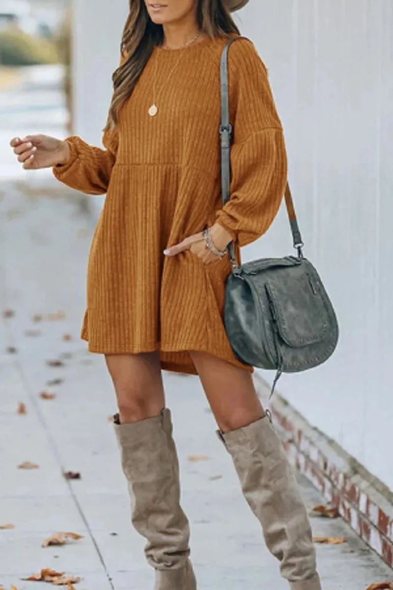 Women's Autumn Winter Knitting Mini Dress Lady Warm Fashion Solid Loose Crewneck Long Sleeve Mini Sweater Dress With Pockets