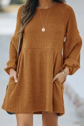 Women's Autumn Winter Knitting Mini Dress Lady Warm Fashion Solid Loose Crewneck Long Sleeve Mini Sweater Dress With Pockets