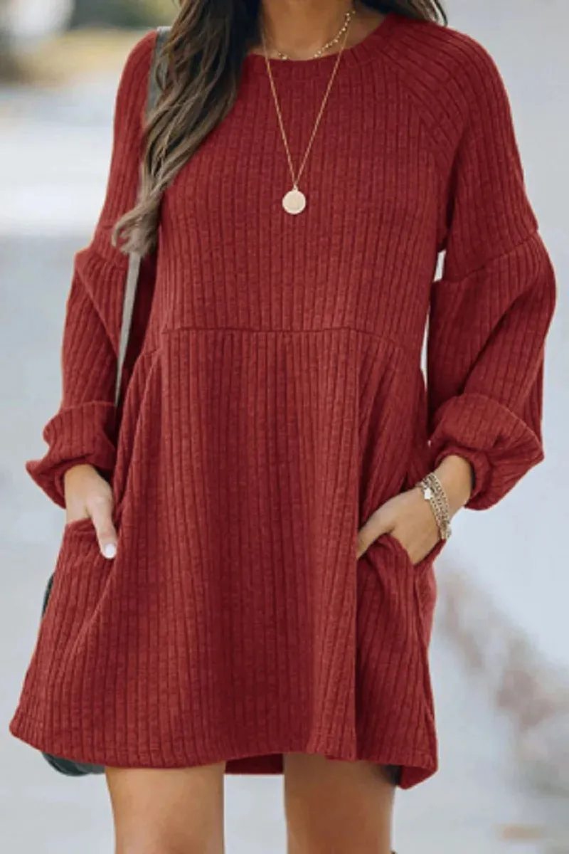 Women's Autumn Winter Knitting Mini Dress Lady Warm Fashion Solid Loose Crewneck Long Sleeve Mini Sweater Dress With Pockets