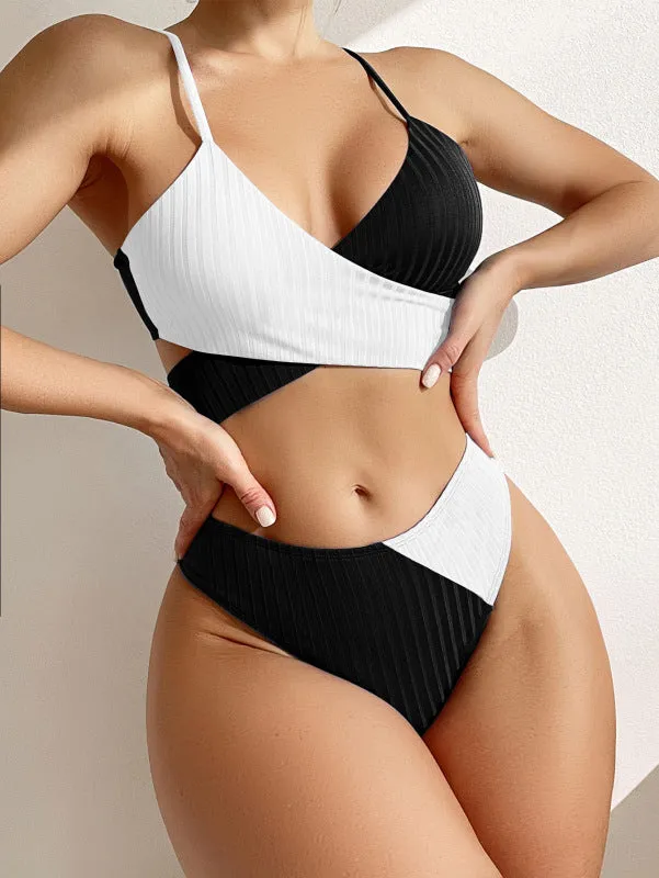 Women's Color Block Cross Front High Waist Bikini Set