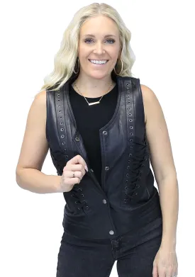 Women's Eyelet Trim Laced Up Black Leather Vest #VL6985ELK ()