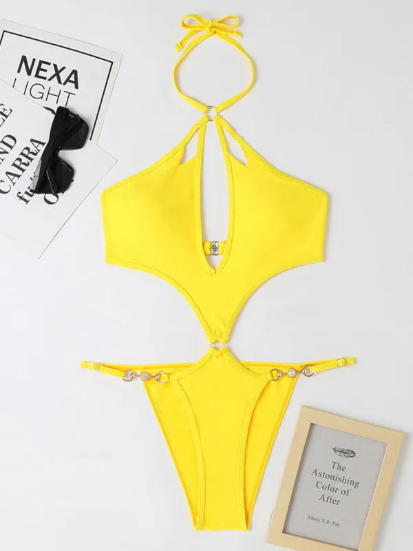 Women's Solid Color Cut-out Pearl Chain Halter One-piece Bikini Swimwear Sets