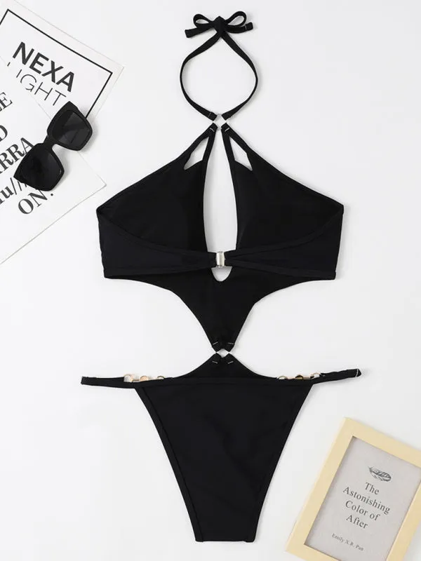 Women's Solid Color Cut-out Pearl Chain Halter One-piece Bikini Swimwear Sets