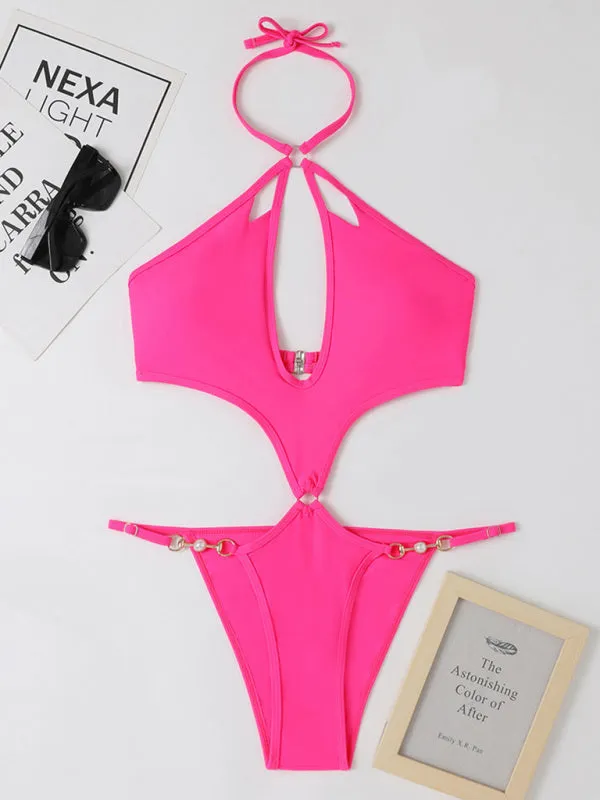 Women's Solid Color Cut-out Pearl Chain Halter One-piece Bikini Swimwear Sets