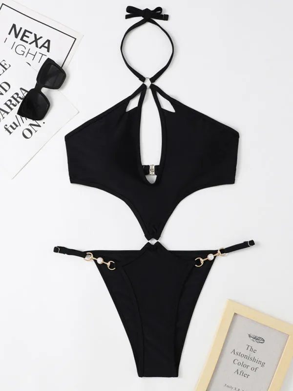 Women's Solid Color Cut-out Pearl Chain Halter One-piece Bikini Swimwear Sets